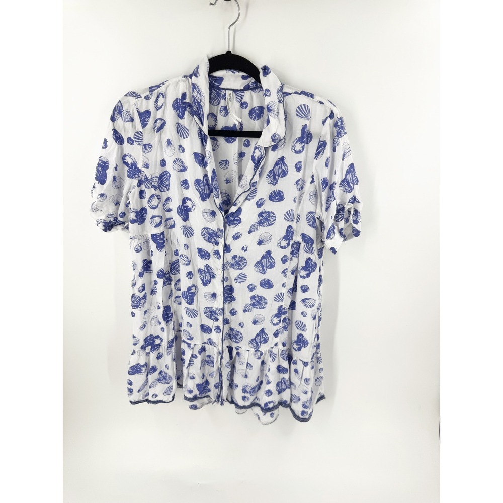 Anthropologie Seashell Button Down Tunic/Dress Blue White Modal Peplum Small